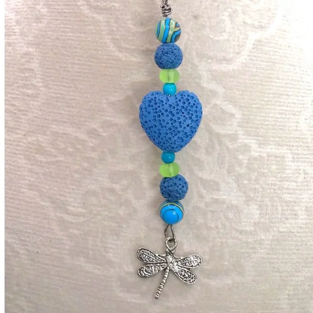 GIFT - Dragonfly Beaded Bag Charm Artisan Blue Heart Lava Stone Diffuser